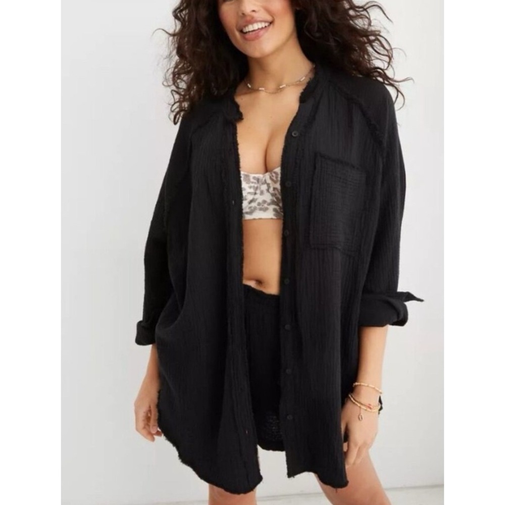 Aerie Black Cotton Gauze Button Down Oversized Swim Cover Up Shirt XL